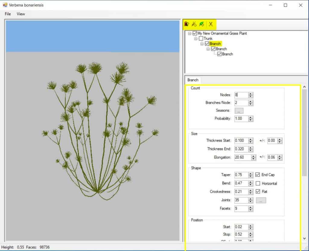 Modèle de plante dans l'éditeur de plantes AccuRender avec la liste de ses composants et les paramètres disponibles pour chacun.