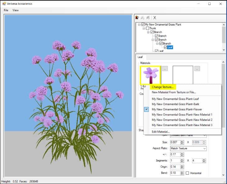 Dans l'éditeur de plantes AccuRender, cliquez sur l'image du composant Leaf pour changer la texture.