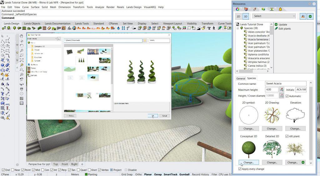 In Lands Design a Rhino model of a plant is being assigned as the plant species representation.
