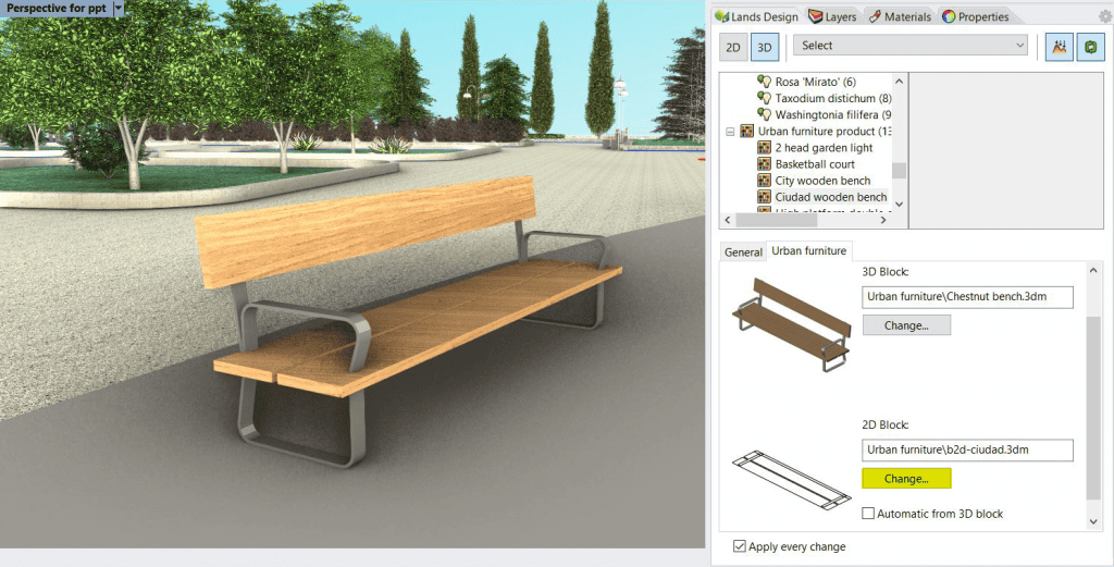 Eine Lands-Design-Holzbank mit geändertem Standardmaterial.