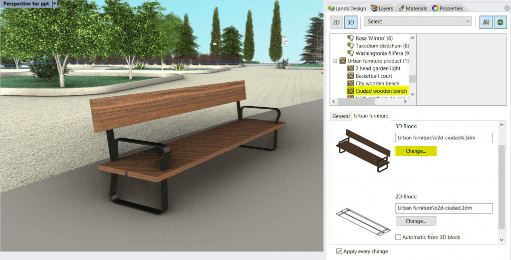 Eine in einem Modell platzierte Holzbank von Lands Design.