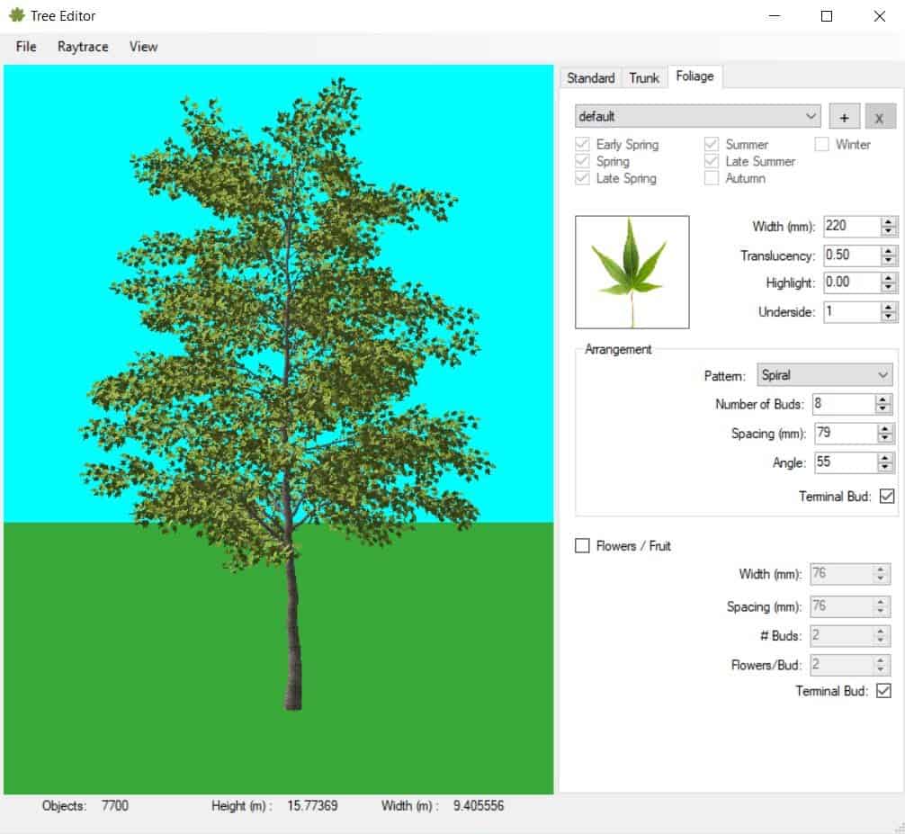 L'éditeur de plantes inclus avec Lands Design. À gauche la visionneuse de modèles de plantes et à droite tous les contrôles pour créer les espèces. Les contrôles sont divisés en trois sections : Normal, Tronc et Feuillage. Le dernier inclut la définition du feuillage par défaut.